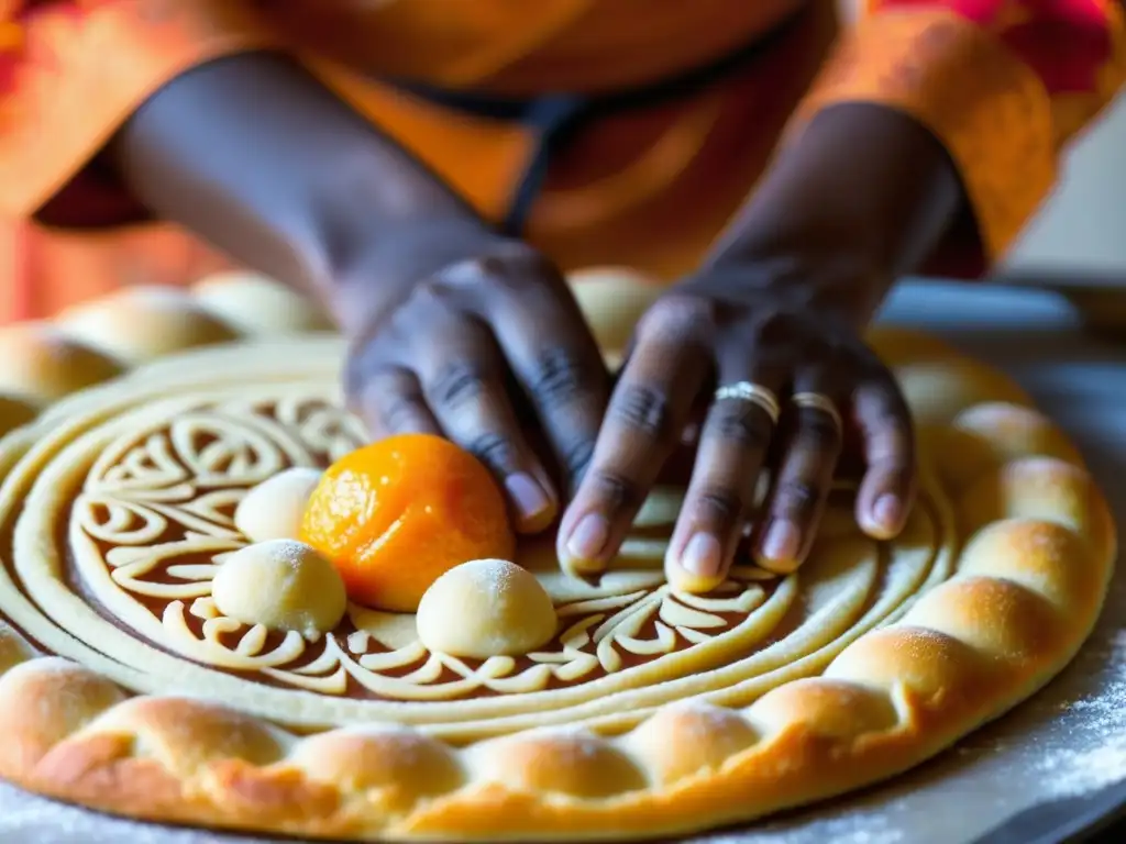 Un chef experto moldea una masa naranja con patrones africanos