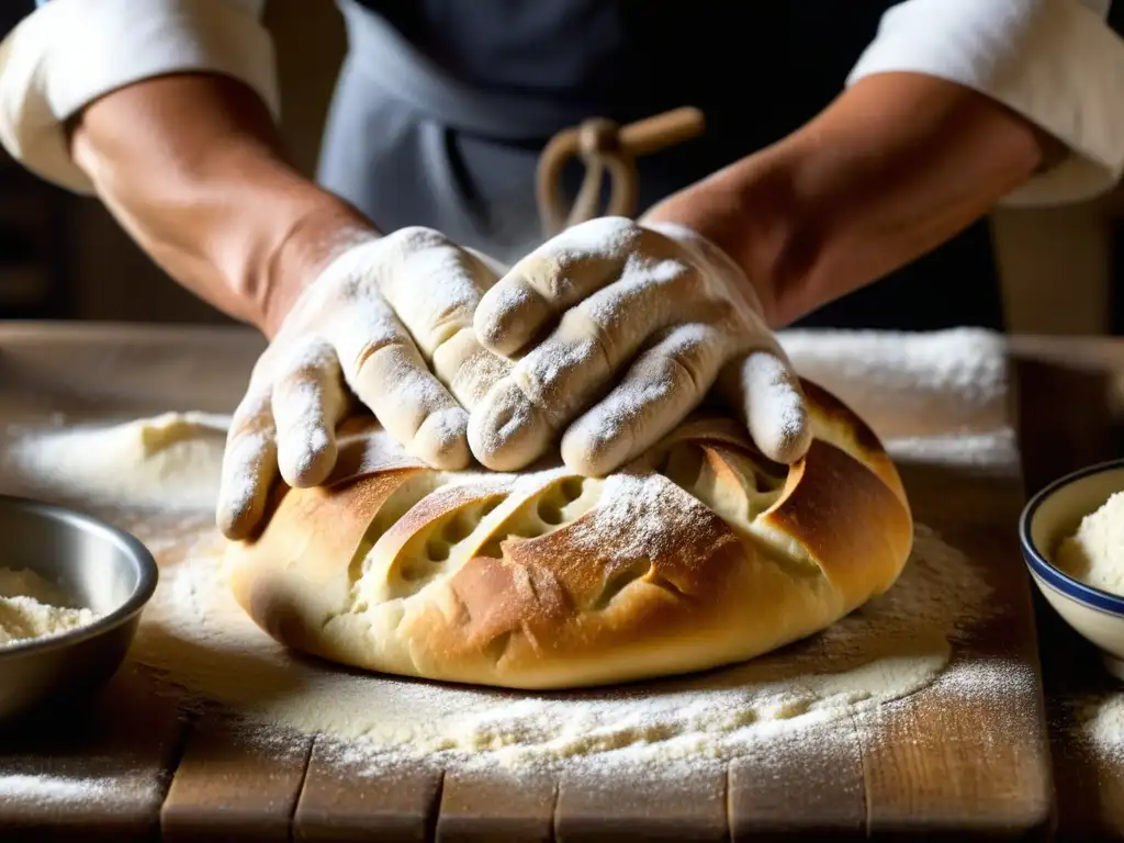 El chef experto moldea la masa para hacer pan tradicional, en una cocina rústica con utensilios vintage