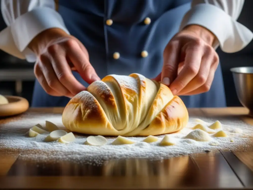 Un chef experto moldea masa de repostería europea en una cocina colonial americana