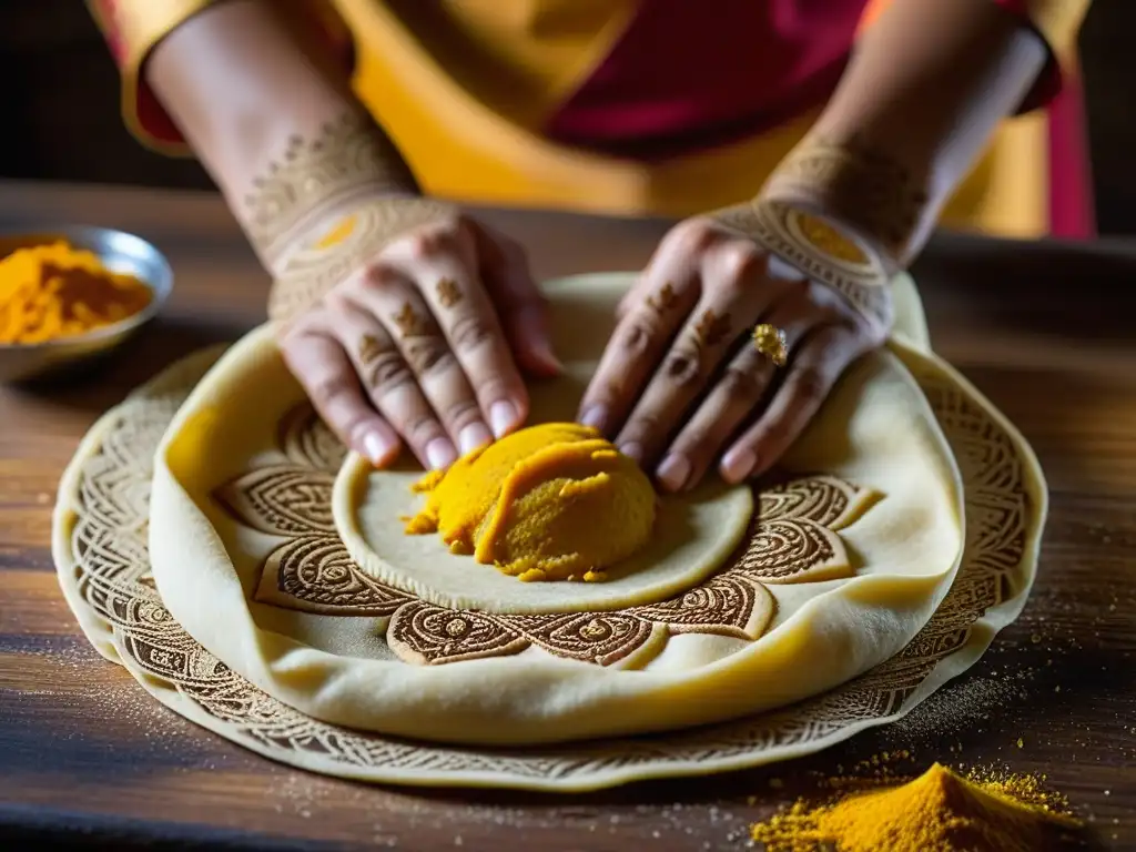 Un chef experto amasa masa de roti con influencia diáspora sur Asia cocina en una cocina colorida y culturalmente rica