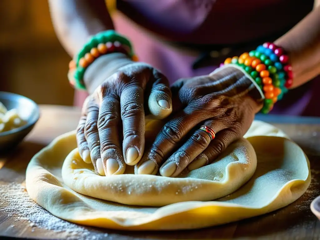 Un chef experto moldeando masa para tortillas a mano, con anillos y pulseras coloridas, en una cocina TexMex sostenible