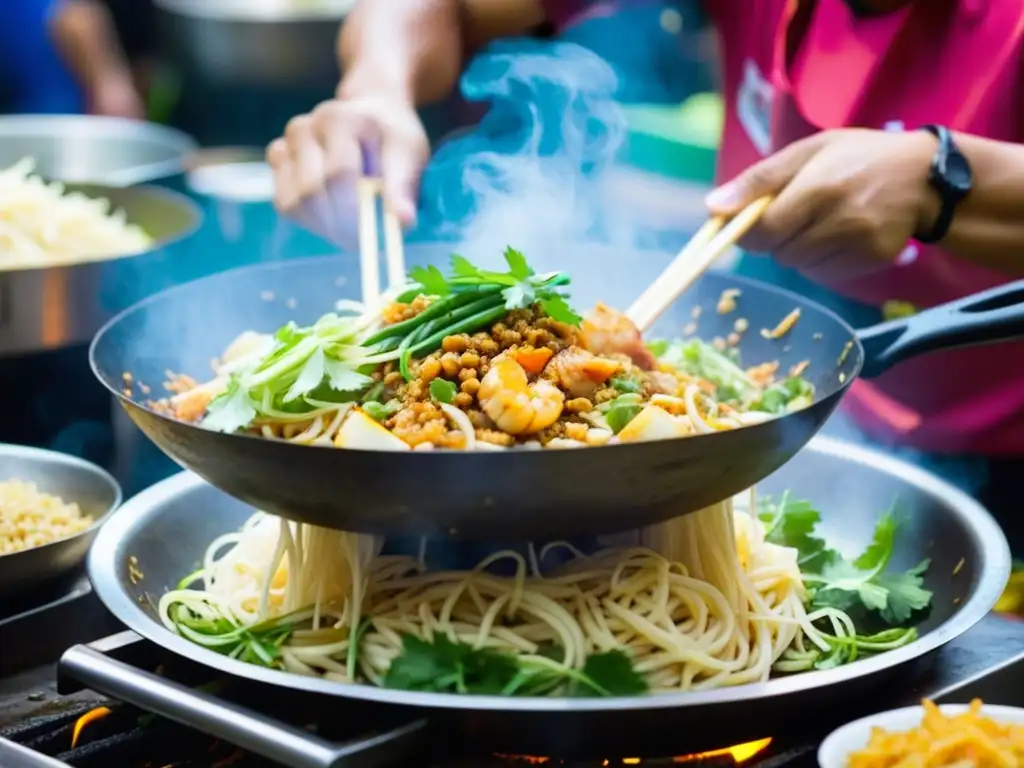 Un chef experto preparando Pad Thai en un mercado callejero en Bangkok, Tailandia, con los Orígenes del Pad Thai históricos