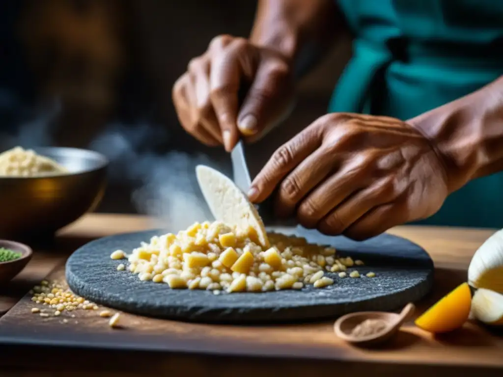 Un chef experto utiliza un metate para moler maíz fresco, fusionando utensilios prehispánicos en la cocina contemporánea