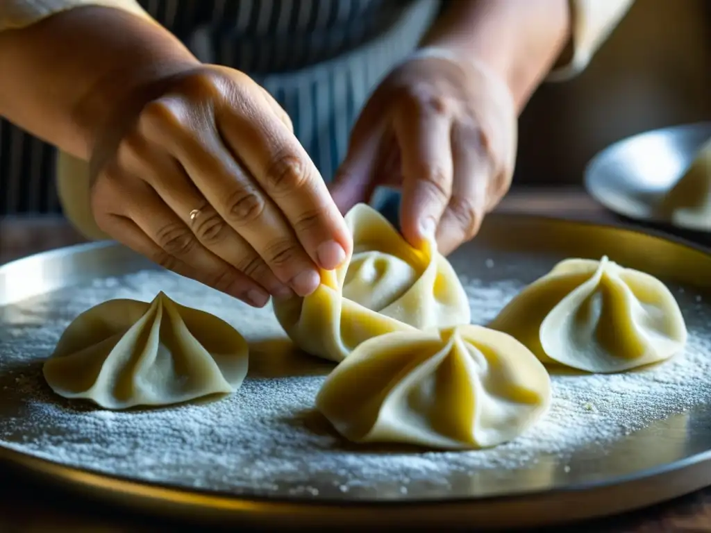 Un chef experto en métodos de cocción en Asia Central moldea con destreza la masa de los tradicionales dumplings manti