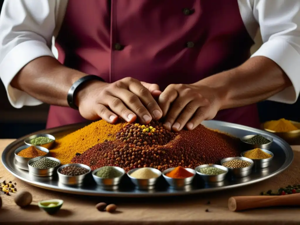 Un chef experto crea un mosaico de especias árabes, mezclando colores y texturas