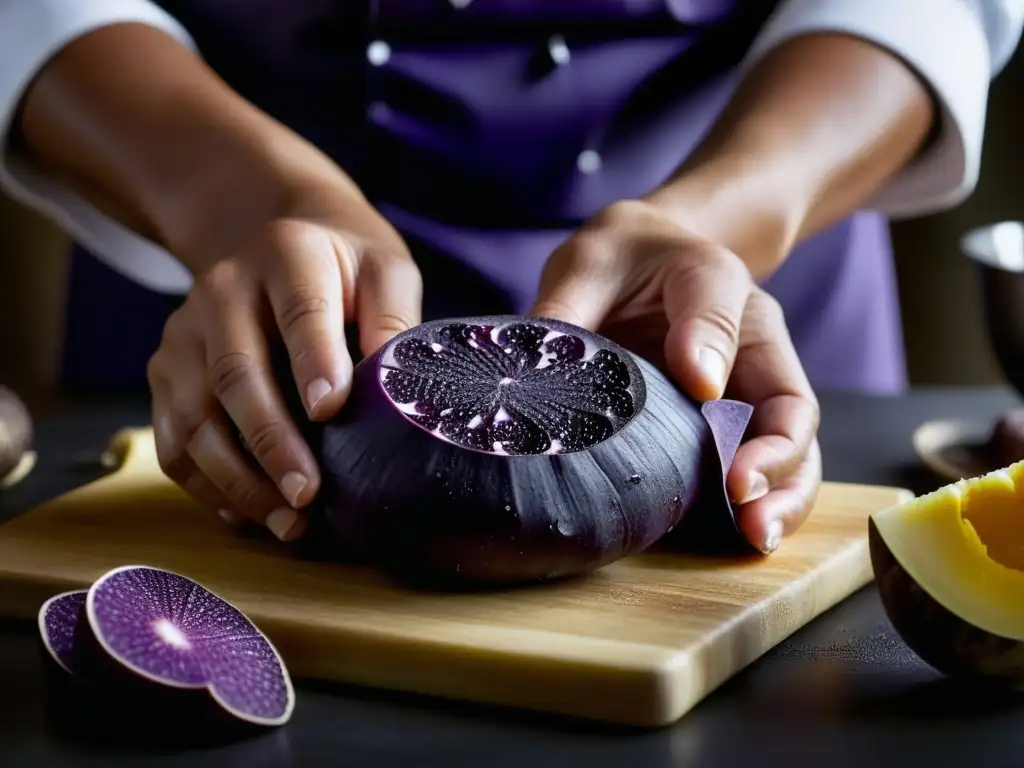 Un chef experto pela un ñame morado, mostrando sus detalles bajo luz natural