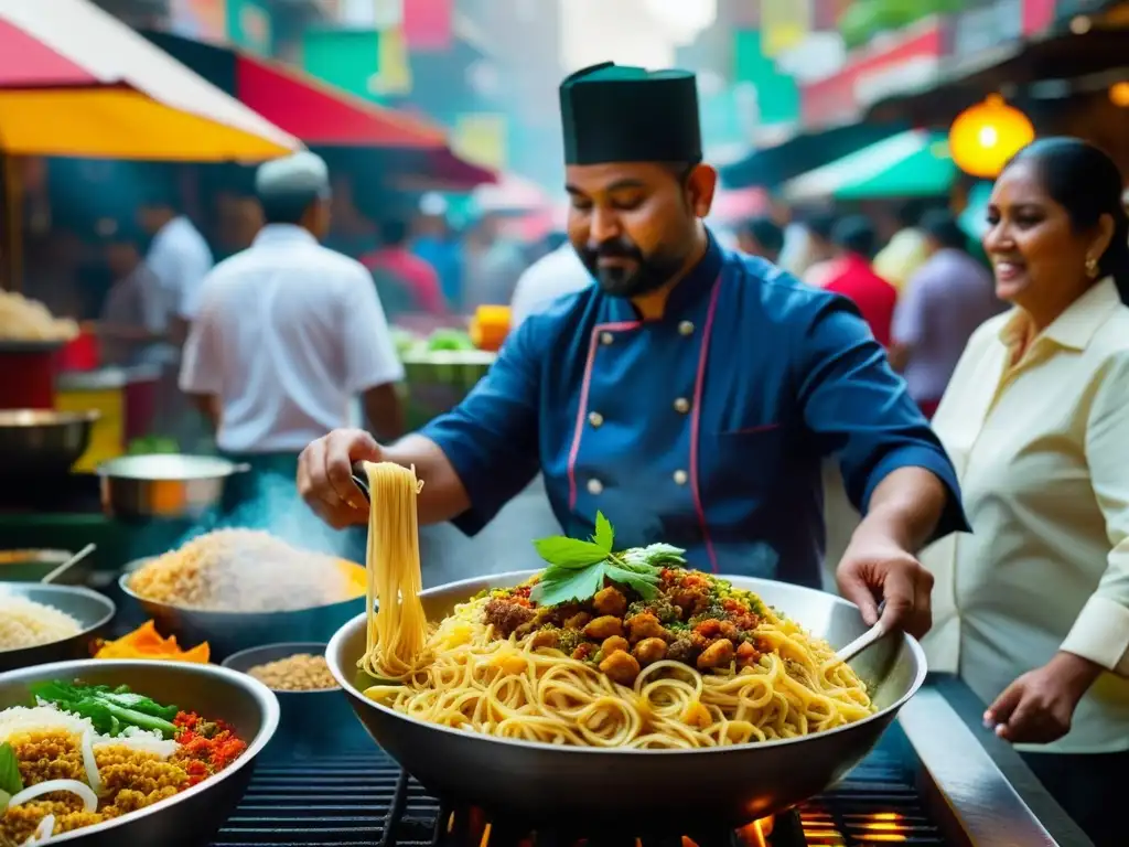 Un chef experto mezcla noodles en un wok en un mercado de comida india con influencia de la cocina china