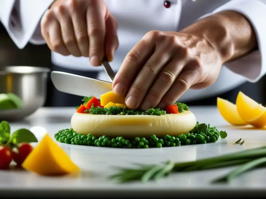 Un chef experto crea una obra de arte culinaria en una cocina vibrante