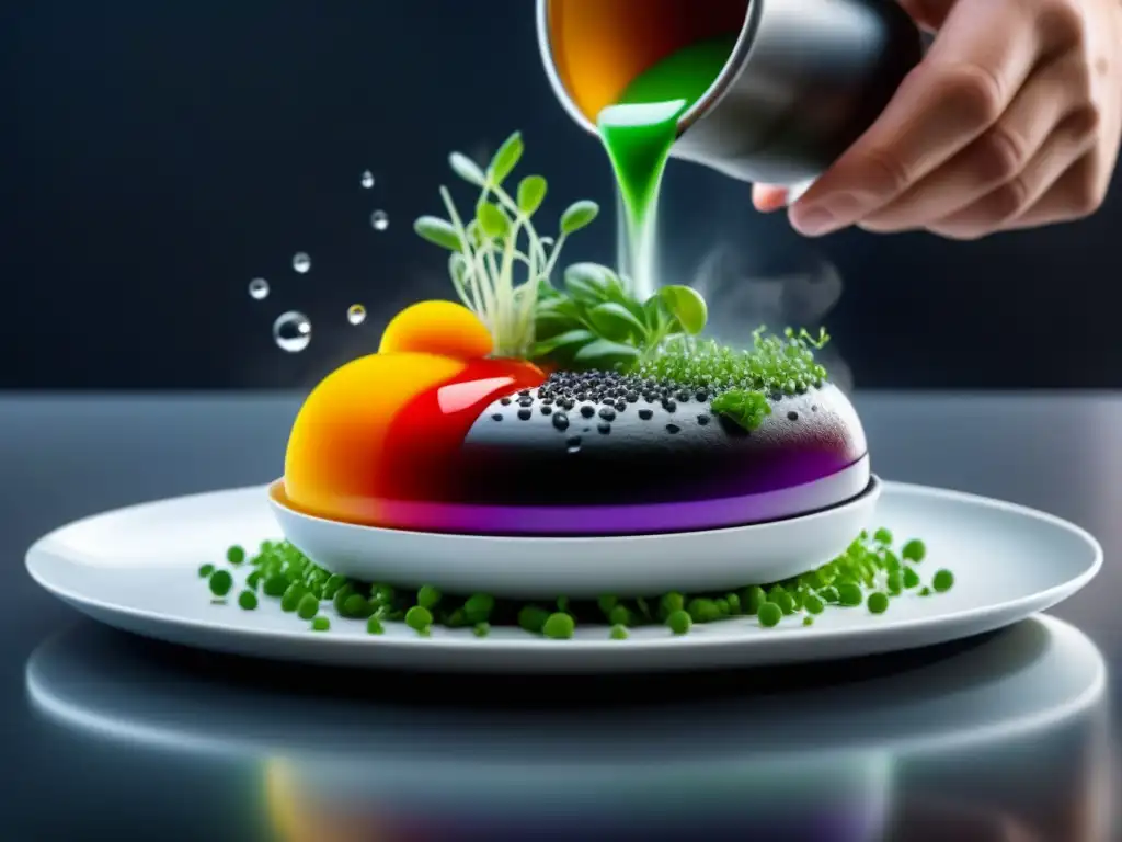 Un chef experto creando una obra de arte culinaria con técnicas de gastronomía molecular