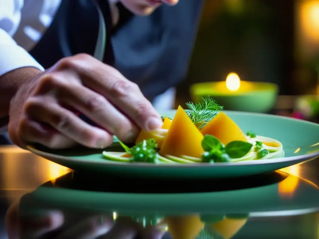 Un chef experto creando una obra culinaria en una cocina con luz tenue, resaltando la pasión y destreza en la gastronomía