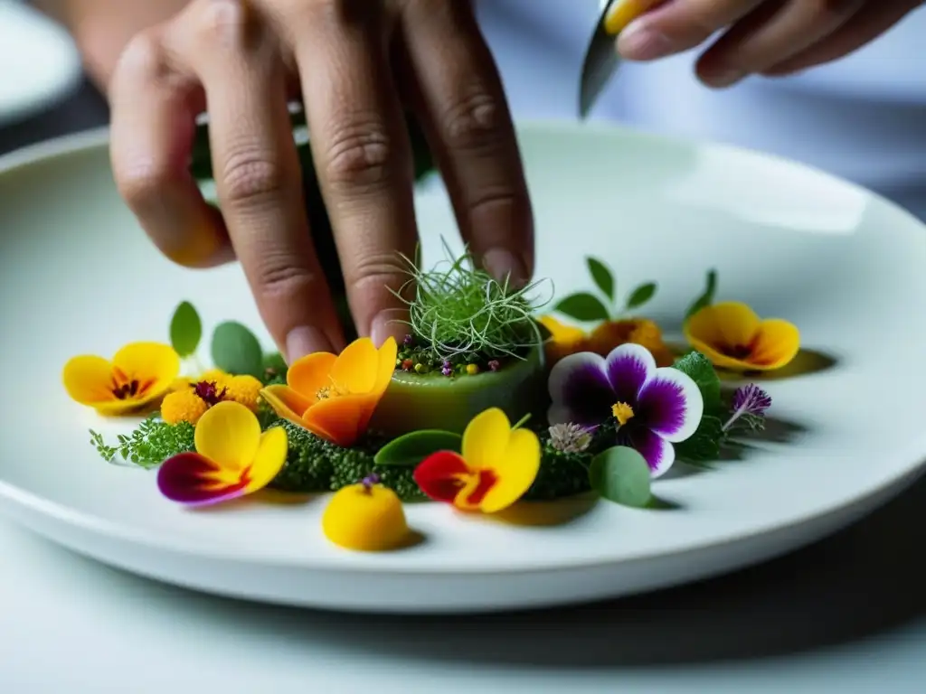 Un chef experto en gastronomía crea una obra maestra culinaria, combinando influencias culturales en un plato colorido y detallado