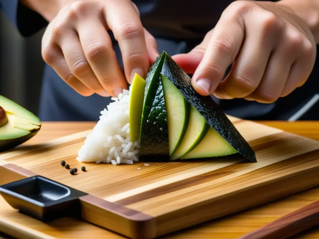 Un chef experto moldea un onigiri tradicional con precisión, en una cocina moderna llena de ingredientes