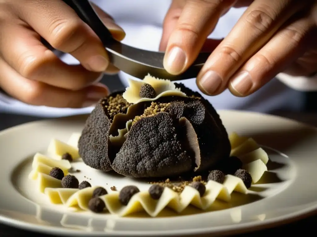 Chef experto revela el origen y significado de las trufas al rallar una sobre un exquisito plato, con las láminas brillantes bajo la luz