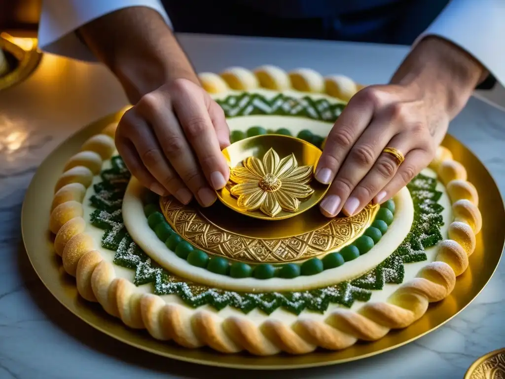 Un chef experto decora con oro un postre bizantino, fusionando historia y arte culinario