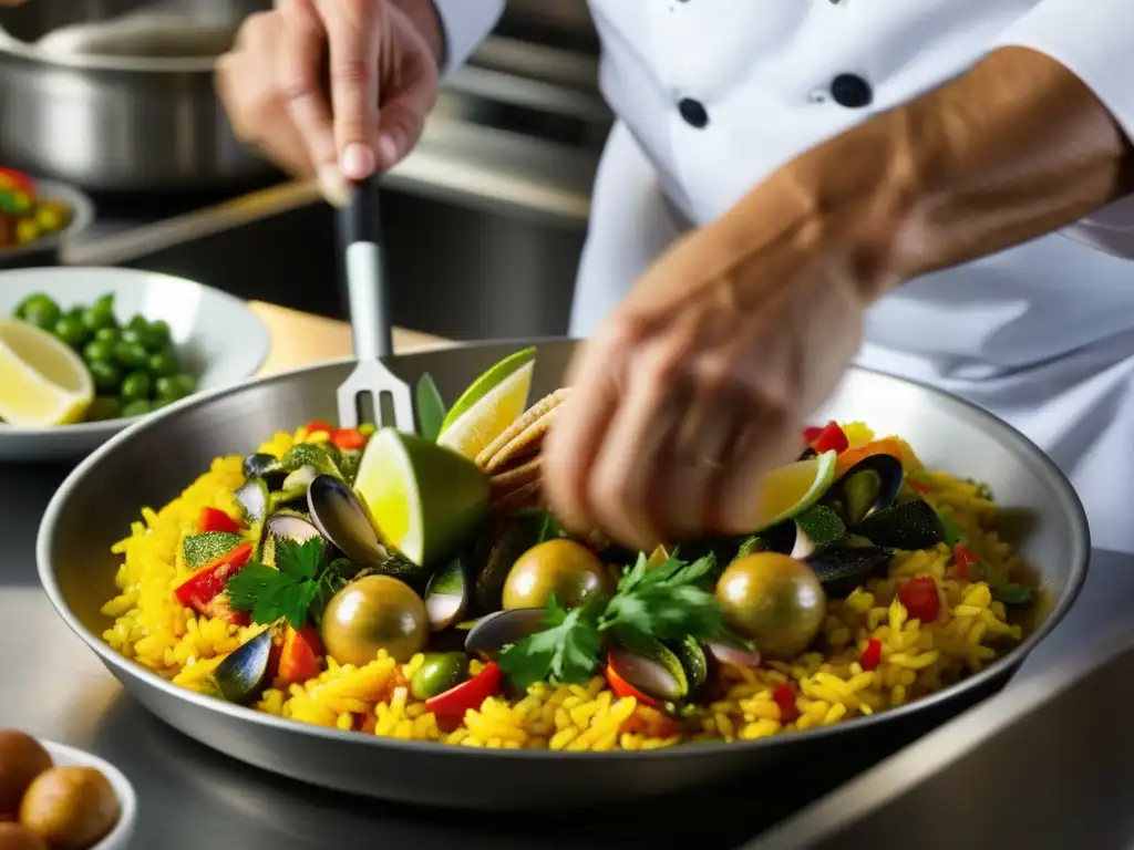 Un chef experto prepara una Paella, reflejando el legado español en adaptaciones culinarias en el Pacífico