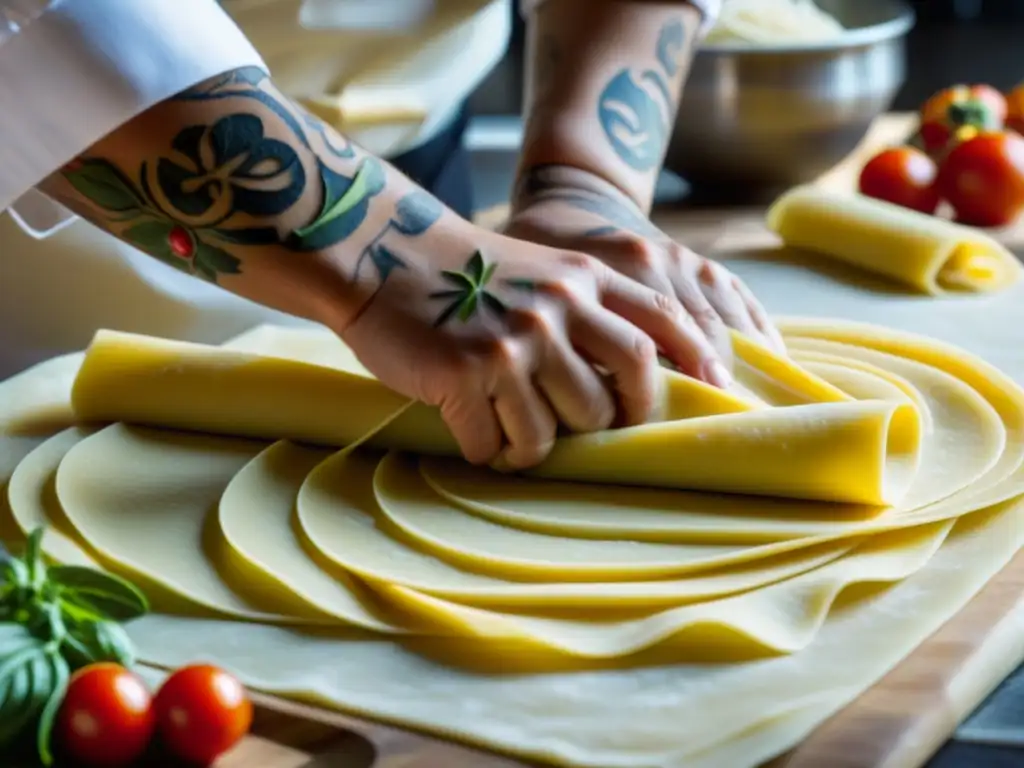 Un chef experto en pasta italiana: manos hábiles amasan masa fresca