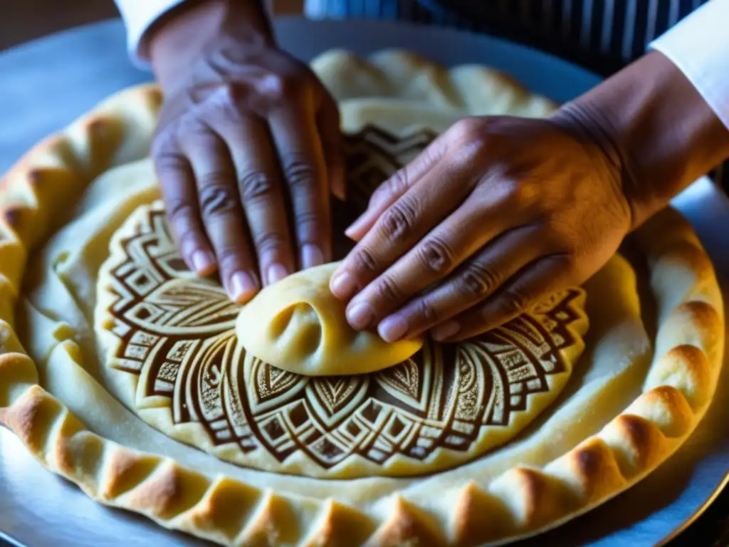 Un chef experto moldea con maestría un pastel tradicional norteafricano, mostrando la influencia culinaria árabe en África