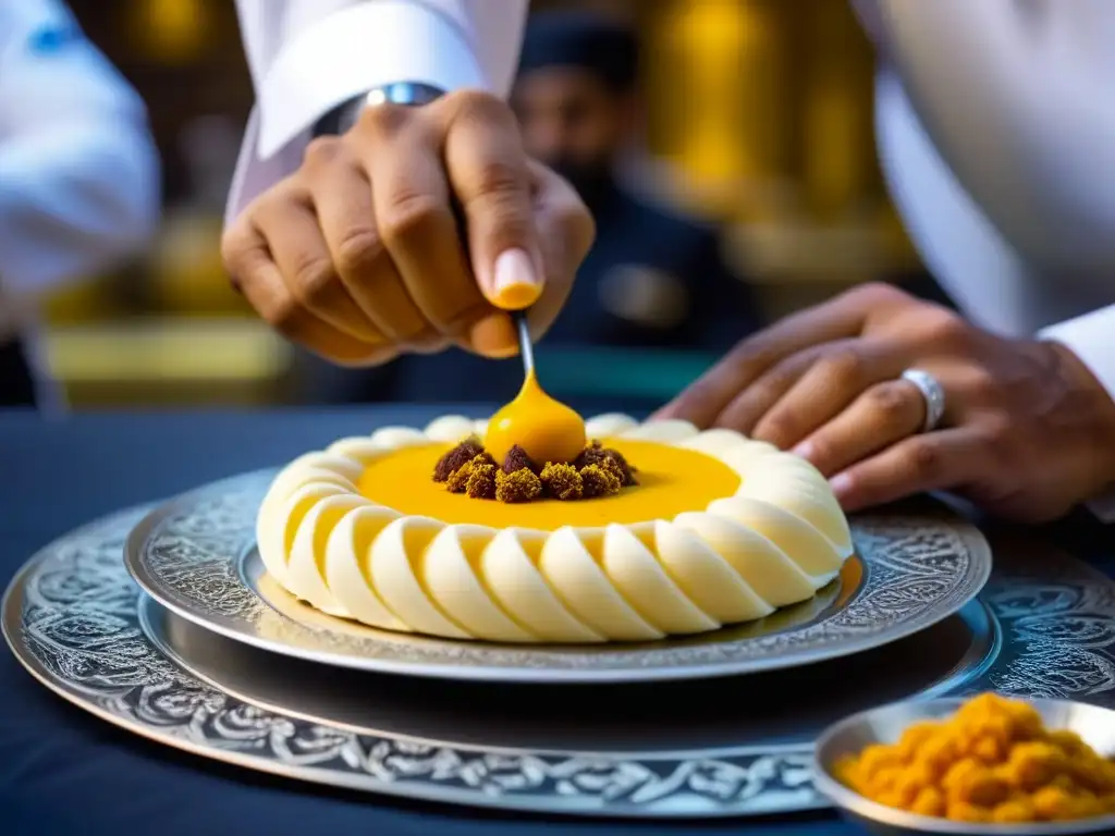 Un chef experto en Dubái moldea patrones en un postre tradicional con crema de azafrán, en un mercado árabe