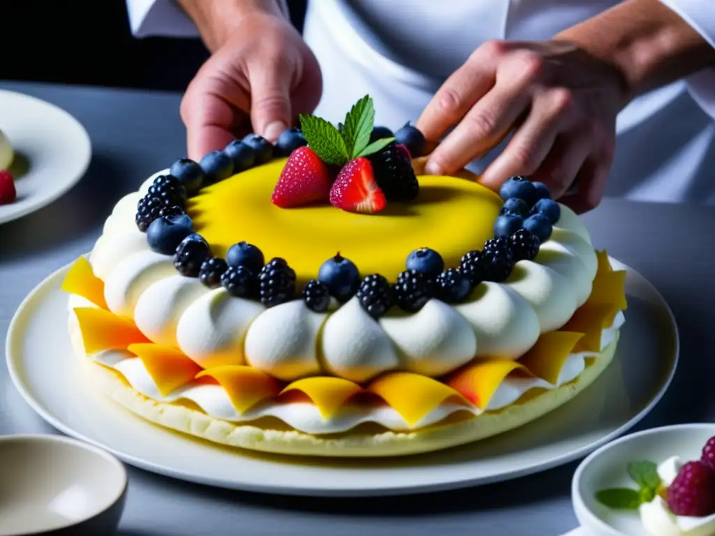 Un chef experto elaborando una pavlova australiana, mostrando precisión y arte culinario