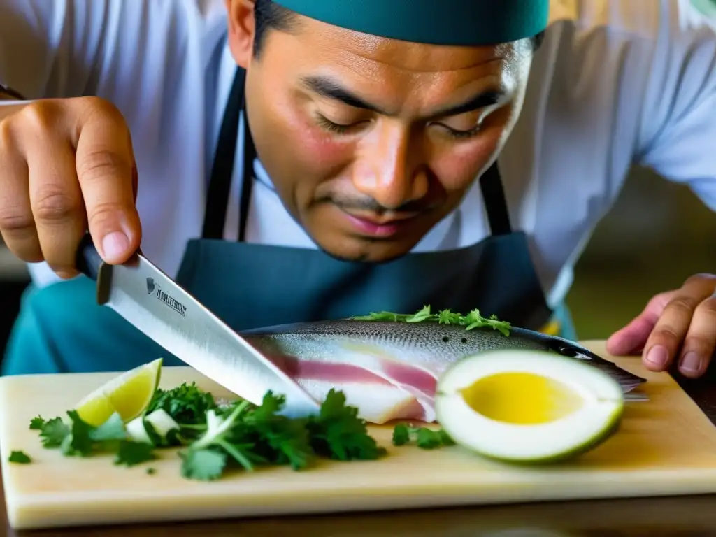 Un chef experto cortando delicadamente pescado fresco para Tiradito, destacando la precisión y detalle en la preparación