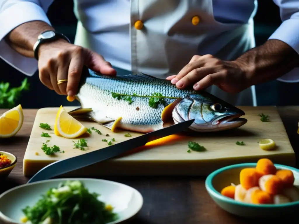 Un chef experto fileteando un pescado fresco en la cocina persa, resaltando la precisión y destreza culinaria