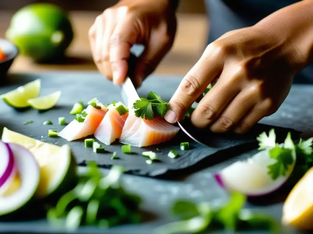 Un chef experto corta hábilmente pescado fresco para ceviche peruano con técnicas modernas