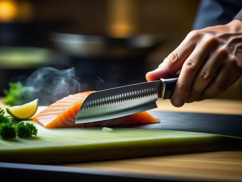 Un chef experto en Kaiseki corta con precisión pescado sashimi