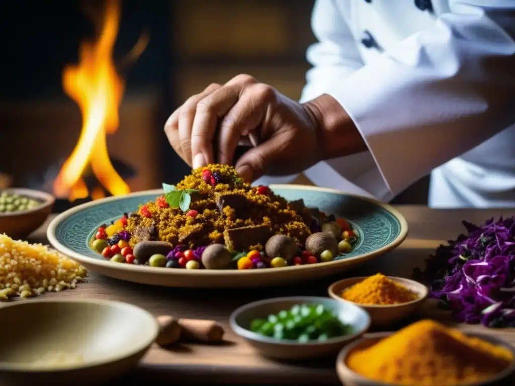 Un chef experto prepara un plato ancestral, destacando especias y colores