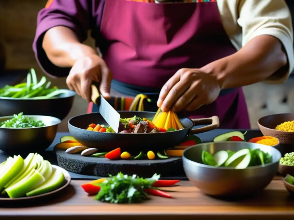 Un chef experto preparando un plato andino con antiguas técnicas culinarias