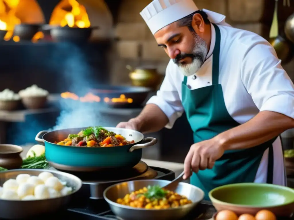 Un chef experto preparando plato bizantino en mercado griego, con ingredientes frescos y técnicas culinarias