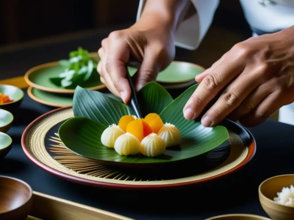 Un chef experto prepara un plato ceremonial Kamakura con ingredientes coloridos y detallados