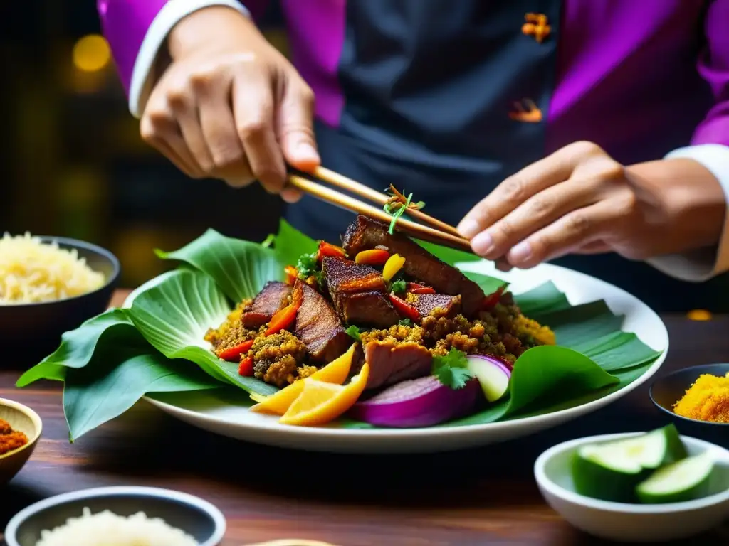 Un chef experto preparando con maestría un plato de cocina fusión IndoChina, resaltando la fusión de sabores y tradiciones culinarias