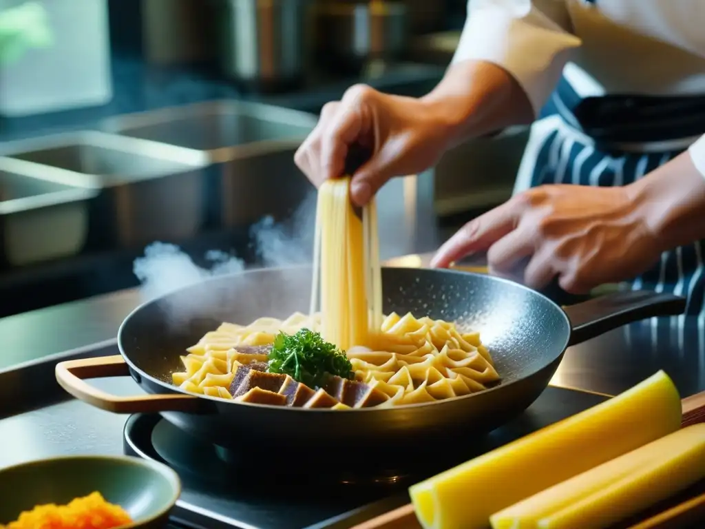 Un chef experto preparando un plato Nanban en una cocina bulliciosa