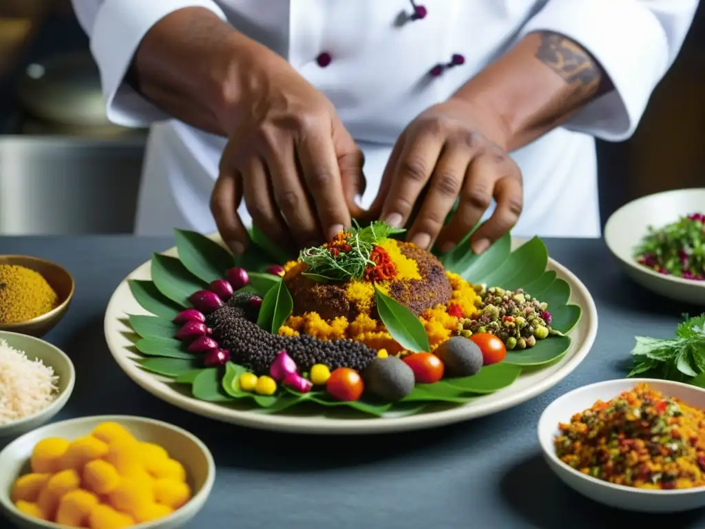 Un chef experto crea un plato colorido y detallado, destacando la diversidad culinaria mundial en revistas gastronómicas