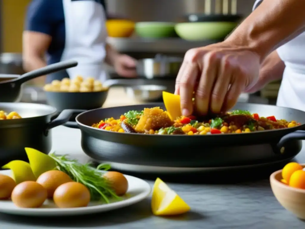 Un chef experto prepara un plato español con un toque Pacífico, reflejando el legado culinario con adaptaciones modernas