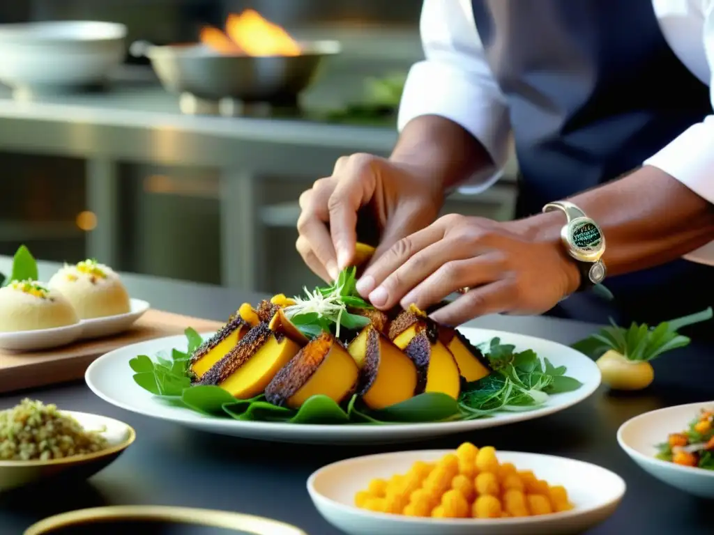 Un chef experto ensambla un plato festivo IndoChino, resaltando colores y texturas