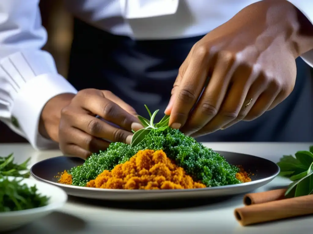 Un chef experto crea un plato festivo IndoChino con precisión y arte, uniendo culturas históricas en gastronomía