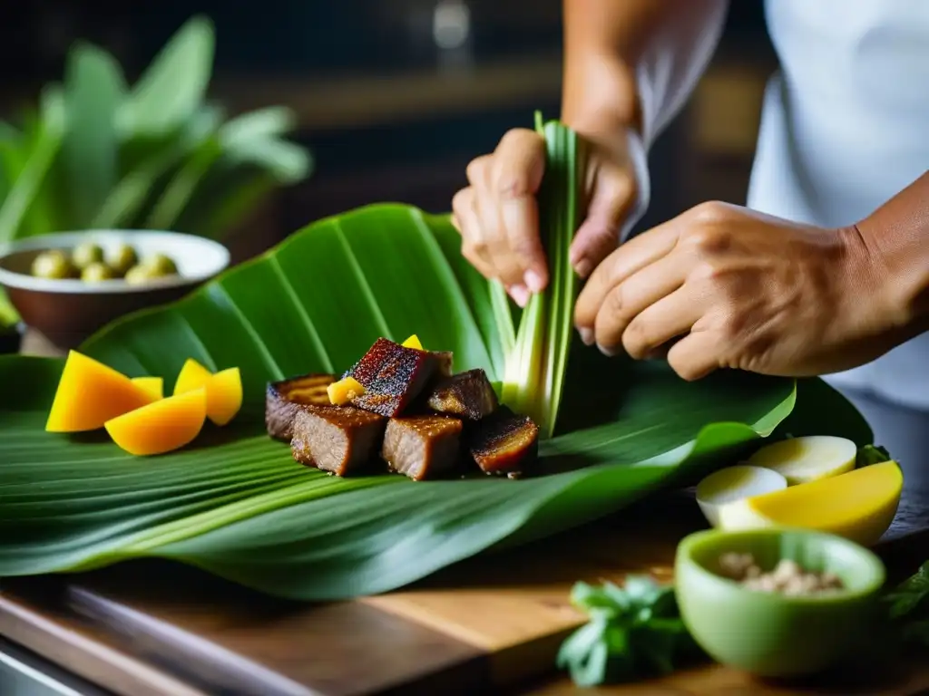 Un chef experto prepara un plato filipino tradicional con influencia europea en una cocina rústica