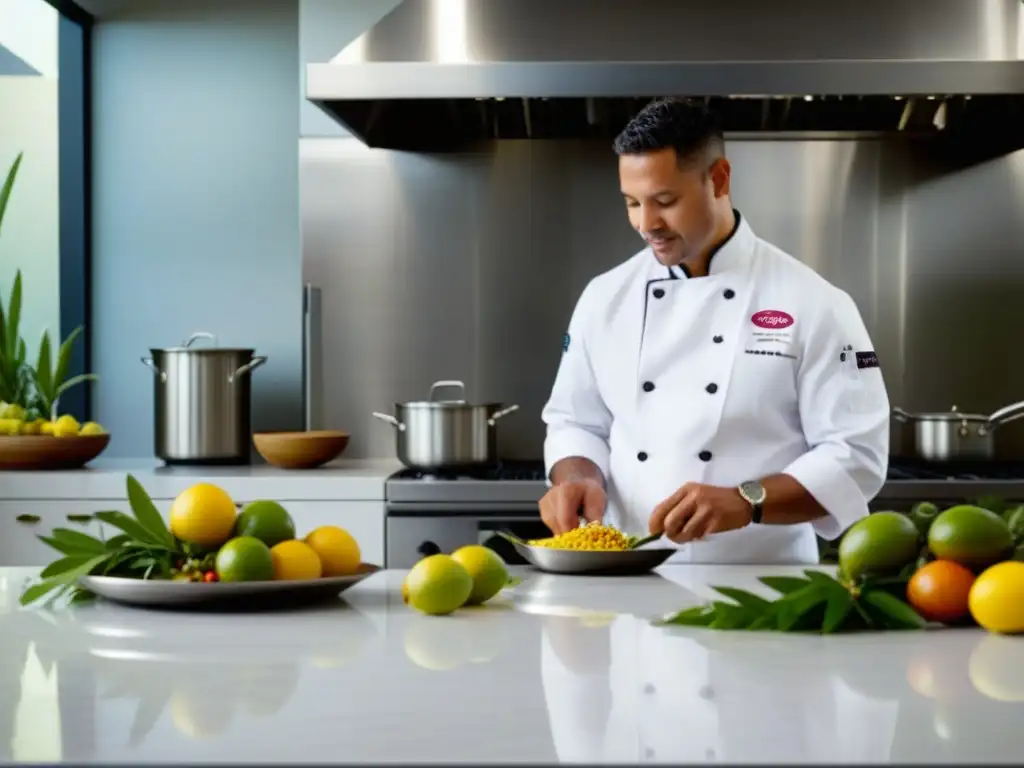 Chef experto preparando un plato gourmet con ingredientes nativos australianos en una cocina profesional