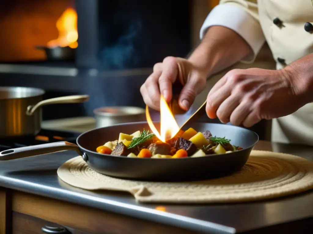 Un chef experto elaborando un plato histórico en una cocina vintage