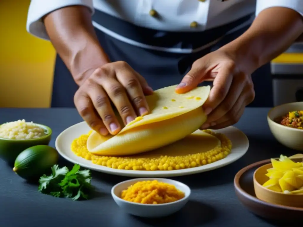 Un chef experto preparando un plato latino con maíz, resaltando la historia del maíz en Latinoamérica