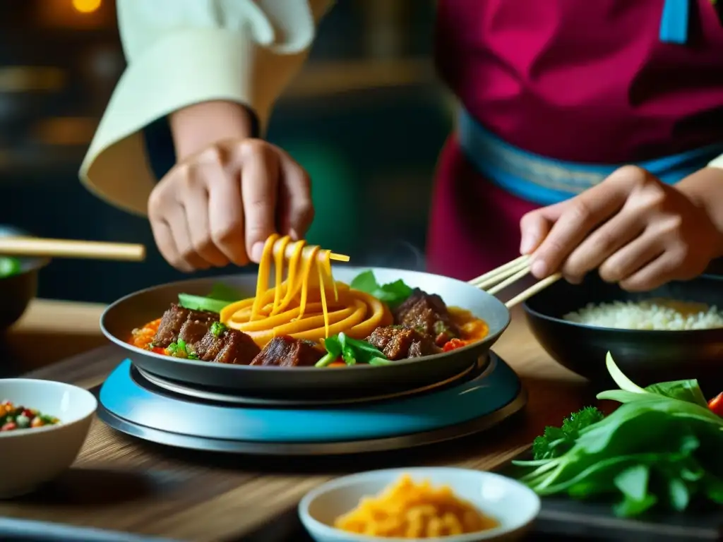 Un chef experto preparando un plato mongol tradicional, influencia gastronomía mongola Ruta Seda