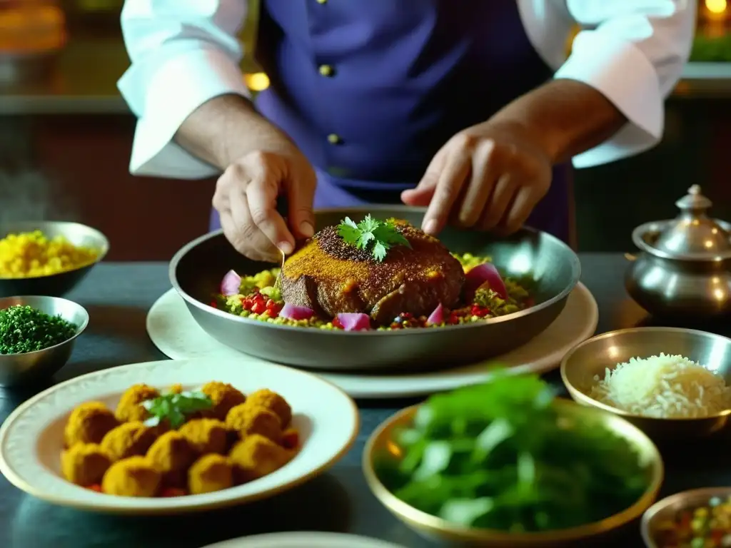 Chef experto preparando plato Mughal: tradición culinaria detallada Un chef experto preparando un plato Mughal en una cocina vibrante, representaciones culturales de la Cocina Mughal