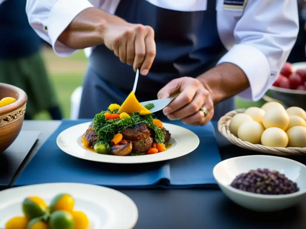 Arte culinario portugués: manos expertas crean plato tradicional en Lisboa Un chef experto prepara un plato portugués en el Festival de las Carabelas Lisboa, destacando la rica gastronomía del evento