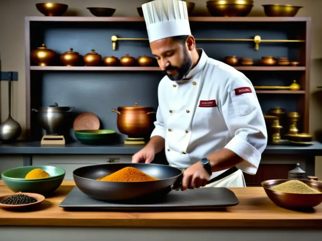 Chef experto preparando plato romano con utensilio antiguo, rodeado de libros y especias