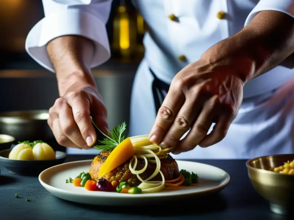 Un chef experto preparando un plato tradicional, resaltando detalles y colores vibrantes