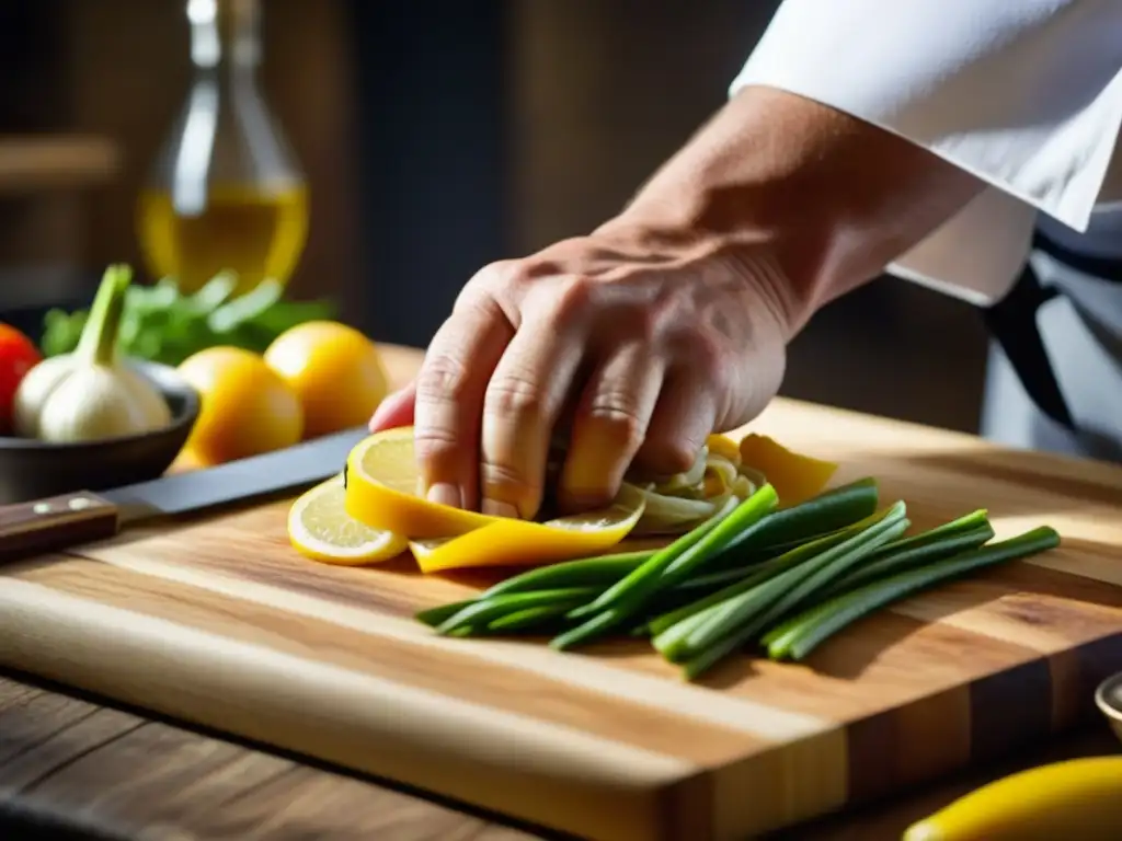 Un chef experto prepara un plato tradicional en una cocina rústica, mostrando pasión por la gastronomía e historia culinaria