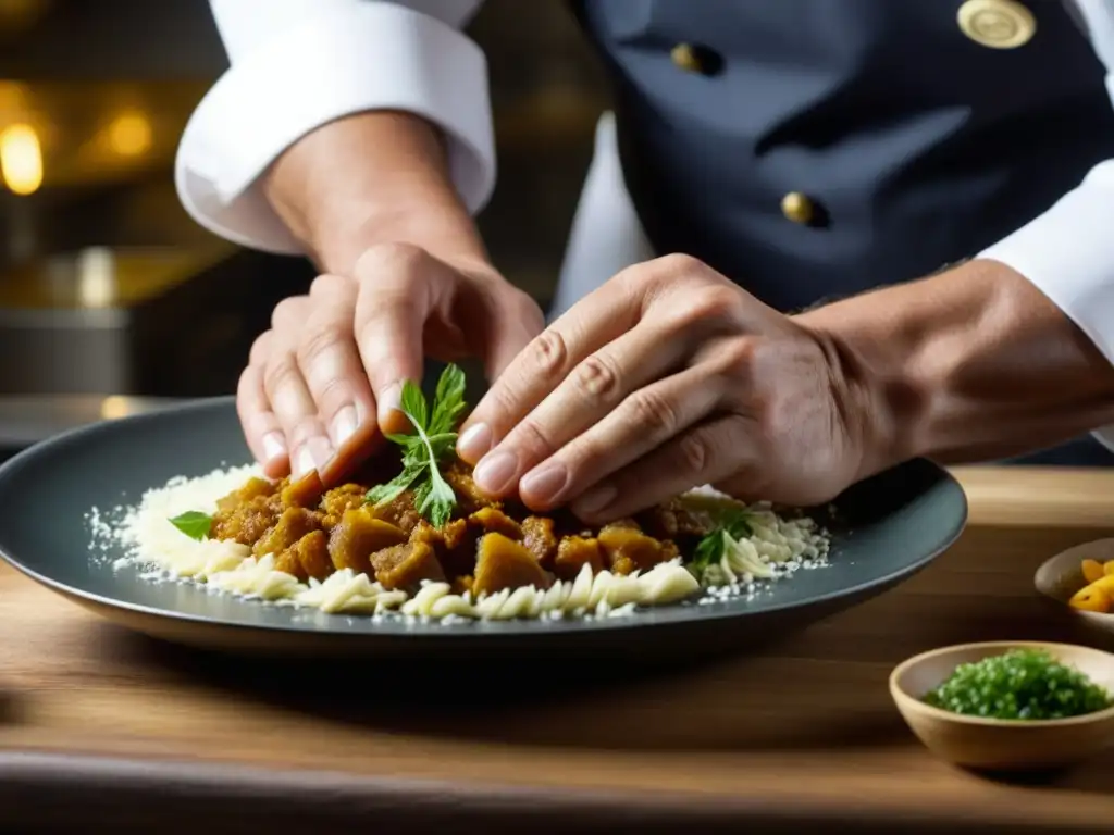 Un chef experto elabora plato tradicional, reflejando cultura y herencia culinaria para revistas gastronómicas enseñanza cocina patrimonial