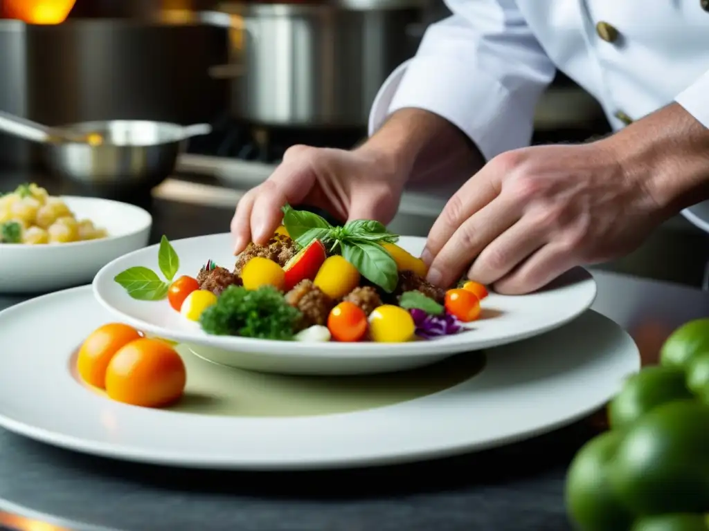 Un chef experto preparando un plato tradicional con precisión en una cocina bulliciosa