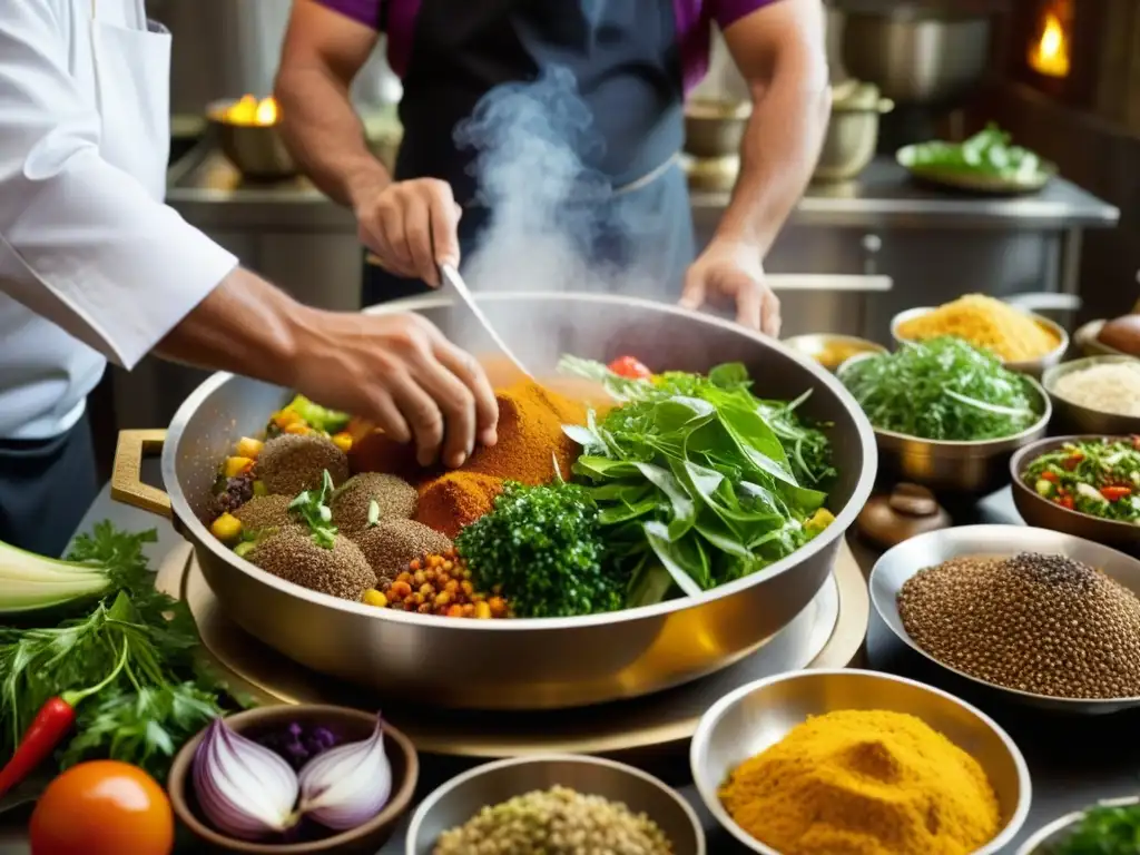 Un chef experto preparando un plato tradicional en una bulliciosa cocina de Oriente Medio, con ingredientes exóticos y coloridos